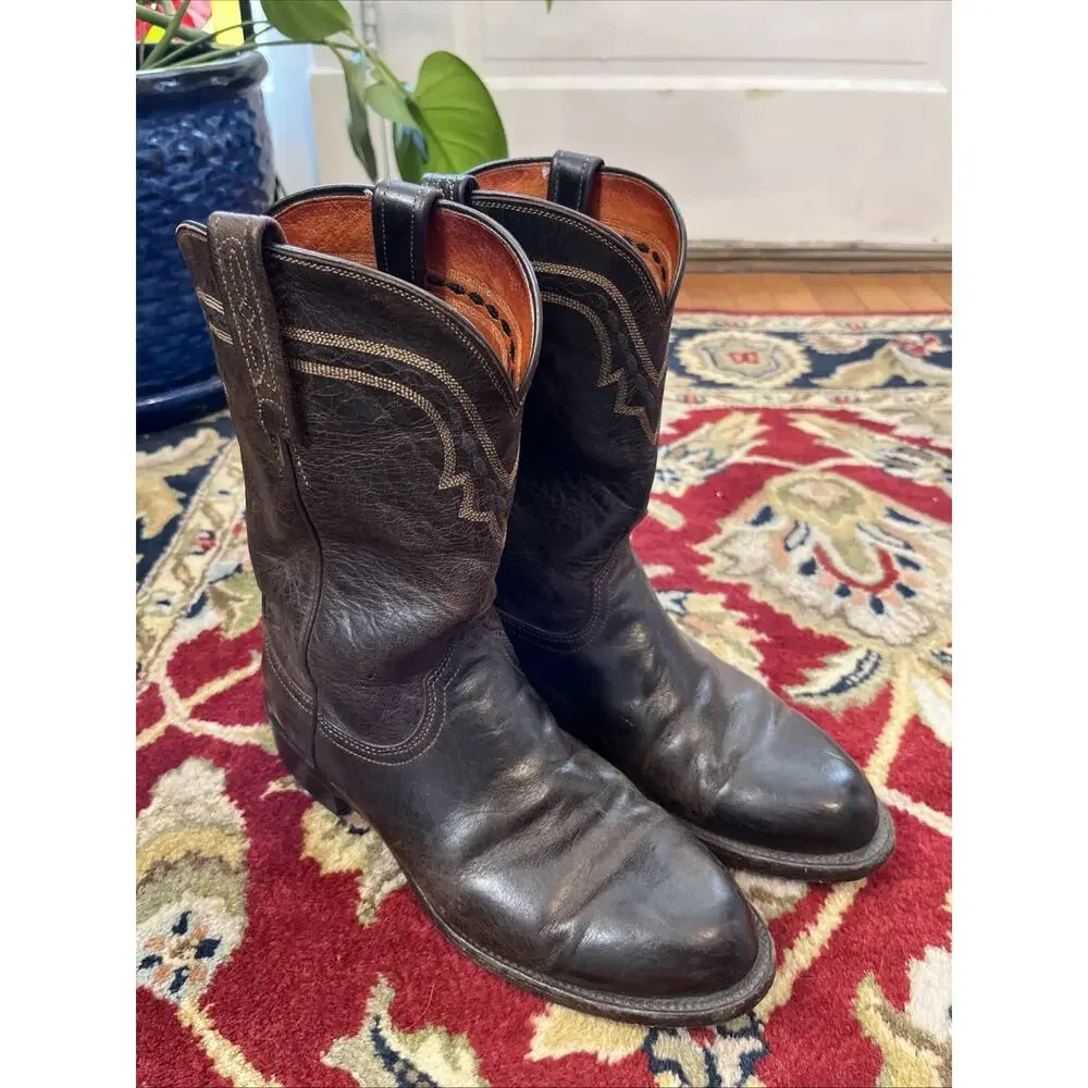Vintage Lucchese 2000 Classic Western Boots 8 Brown Leather Mens Cowboy Western